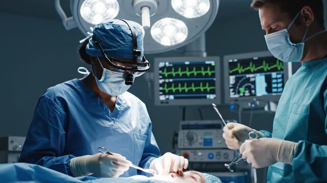 Surgeon and assistant in operating room coordinating surgical procedure under bright surgical lights with monitors displaying vital sign readings and anesthesia support