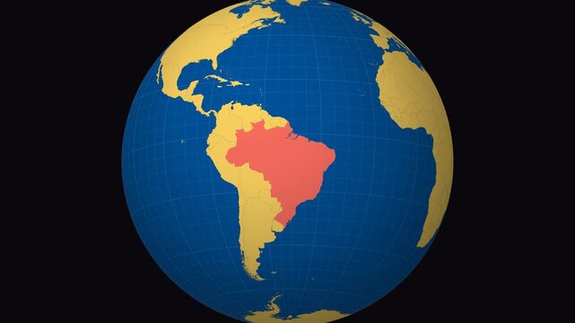 Brazil on Globe. Animated zoom into the country in Ocean Blue Golden Yellow color palette. Brazil logo animation. Map with meridians, parallels. Artistic video.