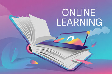 Vibrant online learning concept with laptop emerging from open book
