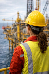 Worker in yellow safety vest and helmet overlooking offshore oil platform during daytime.