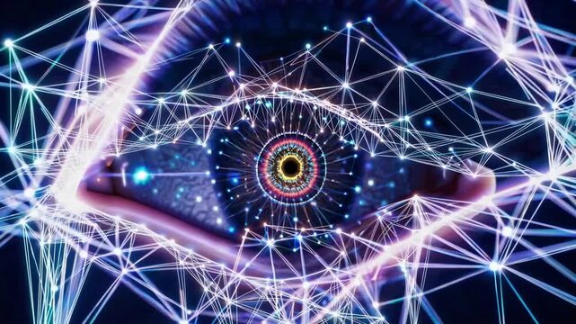 Emergent digital brain eye image, Digital neural network forming humanlike eye with glowing synapses, Synthetic neural web converges into humanstyle eye with radiant iris and flashing synapses