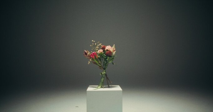 A stylish bouquet stands on a white cube in the studio. There are no people. Flowers fall from the cube backwards