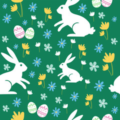 Easter bunny seamless pattern on dark green background, white rabbits with spring flowers