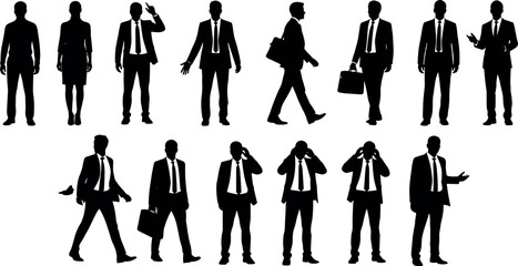 Businessman silhouettes collection showing professional men in suits walking, talking, gesturing and carrying briefcases, corporate office activities isolated on white background illustration