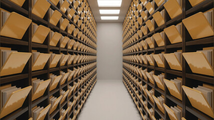 Archival Vault: An endless archive of organized files suggests the importance of diligent records and information management. Capturing the essence of data preservation.