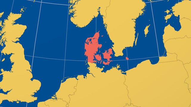 Denmark on Globe. Animated zoom into the country in Ocean Blue Golden Yellow color palette. Denmark logo animation. Map with meridians, parallels. Classic video.