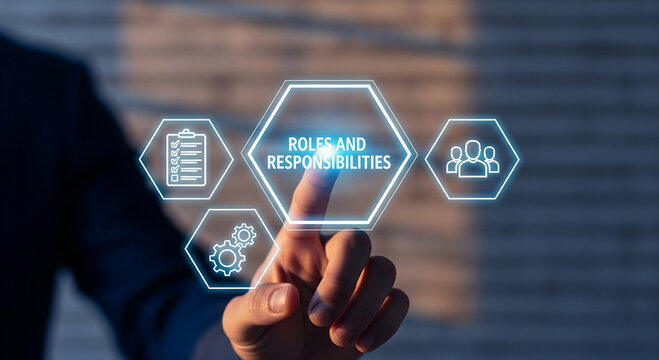 Hand touching a digital interface displaying roles and responsibilities with icons for tasks, people, and gears.