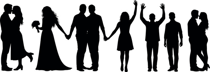 Obraz premium Couple silhouettes collection showing love romance wedding celebration holding hands hugging joyful relationship lifestyle vector illustration set