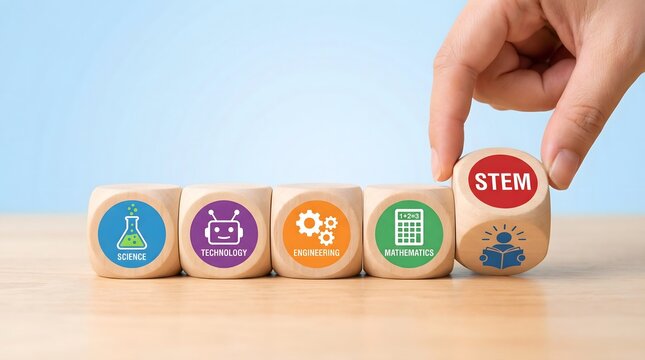 stem education concept with hand placing block