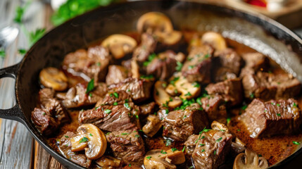 Savory Gourmet Beef Tips and Sliced Button Mushrooms Simmering in a Rich Brown Gravy Sauce Garnished with Fresh Parsley in a Cast Iron Skillet for Rustic Home Cooking and Restaurant Menu Advertising