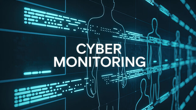 Cyber Monitoring and Human Silhouette: An abstract representation of cybersecurity, with text cyber monitoring over data streams and a human silhouette. - Powered by Adobe