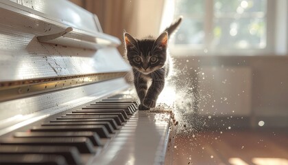Cat Walking Delicately Across a Piano Keyboard. Cozy Home Bonding. Black cat walking delicately and silently across the white keys of an piano keyboard leaving a trail of paw prints in the dust .
