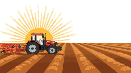 Obraz premium Red agricultural tractor plowing farmland at sunrise with sun rays, rural farming landscape, agriculture machinery vector illustration