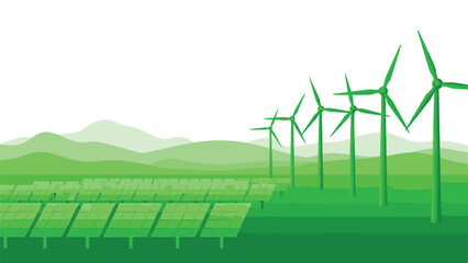 Renewable energy landscape with wind turbines and solar panels eco friendly green power generation illustration isolated vector design