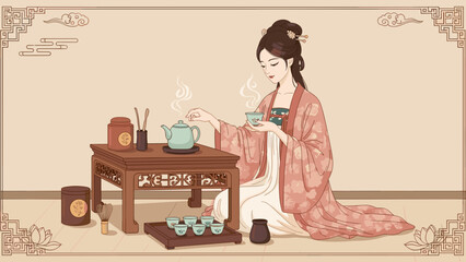 Japanese woman performing a traditional tea ceremony, ideal for cultural education, wellness projects, or culinary arts promotions