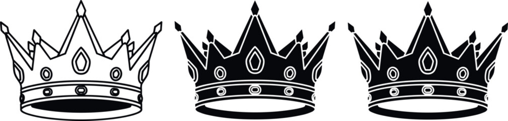Royal crown icon set luxury king queen emblem medieval monarchy black white outline silhouette vector illustration collection