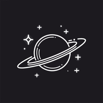 Minimalist planet illustration with rings and stars on a black background
