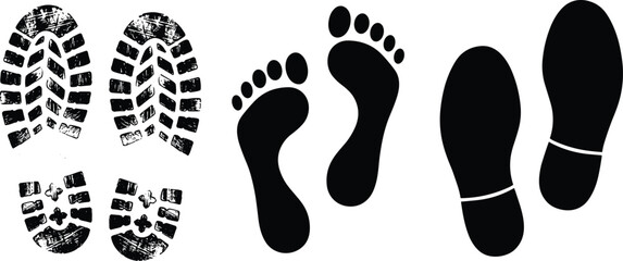 Footprints and shoe sole silhouettes set with human feet tracks, walking trail impressions and footwear marks isolated on white background © Mst