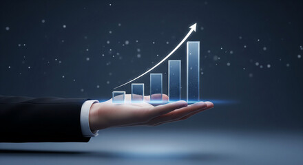 Business professional presents upward trending financial growth chart held in palm