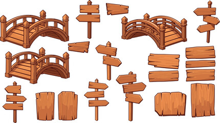 Wooden bridge and signboard elements set illustration, rustic cartoon wood assets, game environment props, flat colorful vector design © Shafali