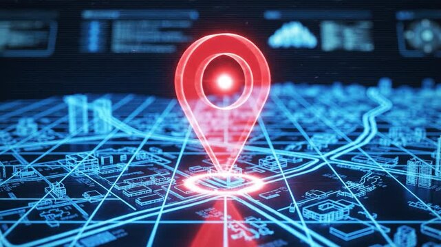 Neon map pin digital city map highlighting location with glowing grid streets building outlines and futuristic data overlays expressing urgency and direction combined with neon blue 3D city map with