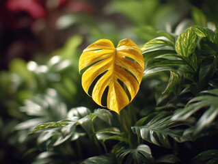 Vibrant Yellow Leaf in Lush Green Foliage - A Botanical Study.