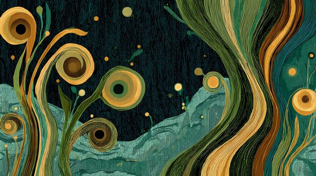 Abstract painting featuring swirling plant-like ribbons and circular orbs in teal, green, and gold on a dark background - Powered by Adobe