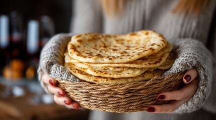 Womans hands holding a stack of delicious flatbreads.