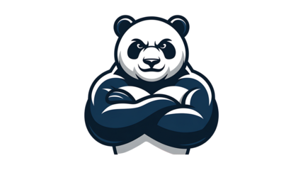 A muscular cartoon panda bear flexing its arms isolated on transparent background