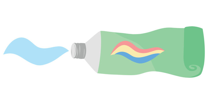 Squeezed toothpaste tube, paste flow. Toothpaste tube with swirl, dental paste. Toothpaste dispenser illustration, oral care tube