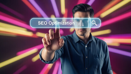 Man touching floating search bar with SEO text, blurred colorful light background, shallow depth of field