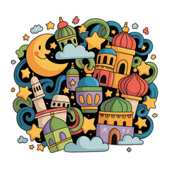 Naklejka premium Celestial Cityscape: A vibrant, hand-drawn illustration depicting a whimsical night scene, with a crescent moon, stars, and charming architectural elements representing a mystical city.