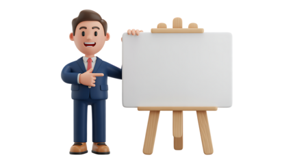 Cartoon man standing next to blank whiteboard isolated on transparent background
