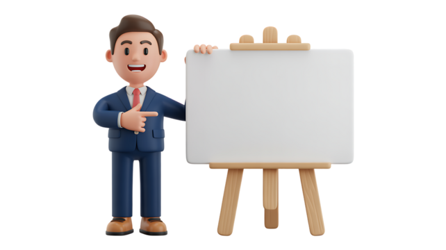 Cartoon man standing next to blank whiteboard isolated on transparent background - Powered by Adobe