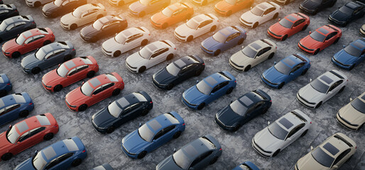 Large group of colorful modern cars parked in rows at outdoor lot