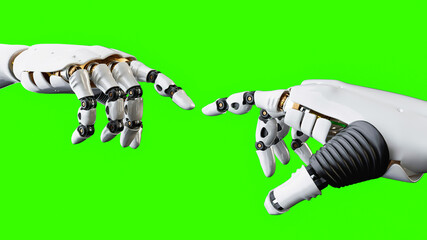 Futuristic humanoid robotic hand gestures isolated on green screen 3D render