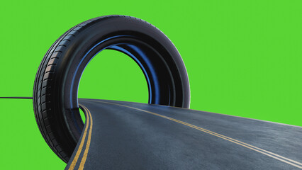 Car tire on asphalt road with green screen background 3D render illustration