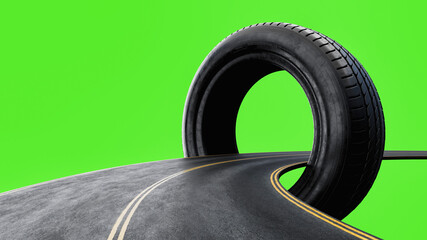 Car tire on asphalt road with green screen background 3D render illustration