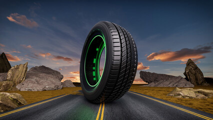 Car tire on asphalt road isolated on green screen 3D render illustration