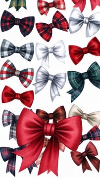 Festive watercolor bows in red, green, blue and silver with plaid and solid patterns arranged on a white background for holiday decoration