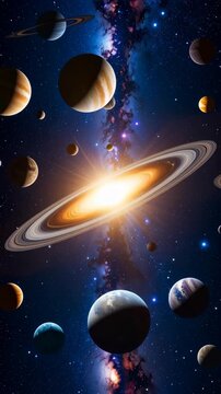 Dramatic cosmic scene with planets, ringed gas giant, stars, and nebula for science fiction or space exploration concepts