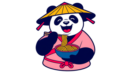 A panda in a conical hat eating noodles isolated on transparent background
