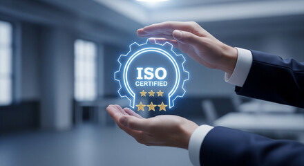 Hands holding glowing ISO certified badge with stars, symbolizing quality assurance and trust in business