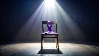 Purple awareness ribbon on chair under spotlight
