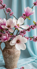 Magnolias and cherry blossoms in vase with blue fabric backdrop  
