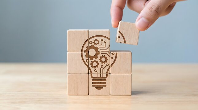 wooden puzzle pieces forming light bulb with gears