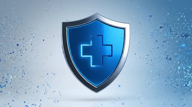 Blue shield medical cross emblem with reflective metal 3D protection safety emblem amid blue particle splash, futuristic medical syringe glowing blue liquid emitting light sparks and energy injection