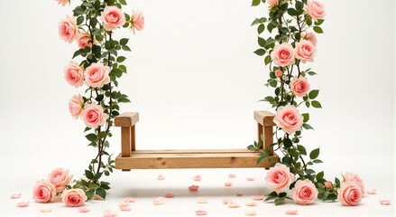 Fototapeta premium Rustic Wooden Swing Adorned with Delicate Pink Roses
