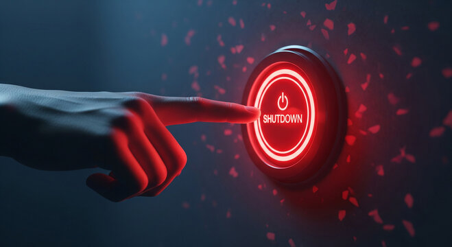 Glowing red shutdown button, hand pressing emergency power switch, digital system termination concept with neon light and floating particles