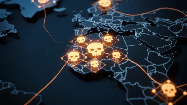 Global cyber attack network visualization on a world map with glowing skull icons and connecting lines.
